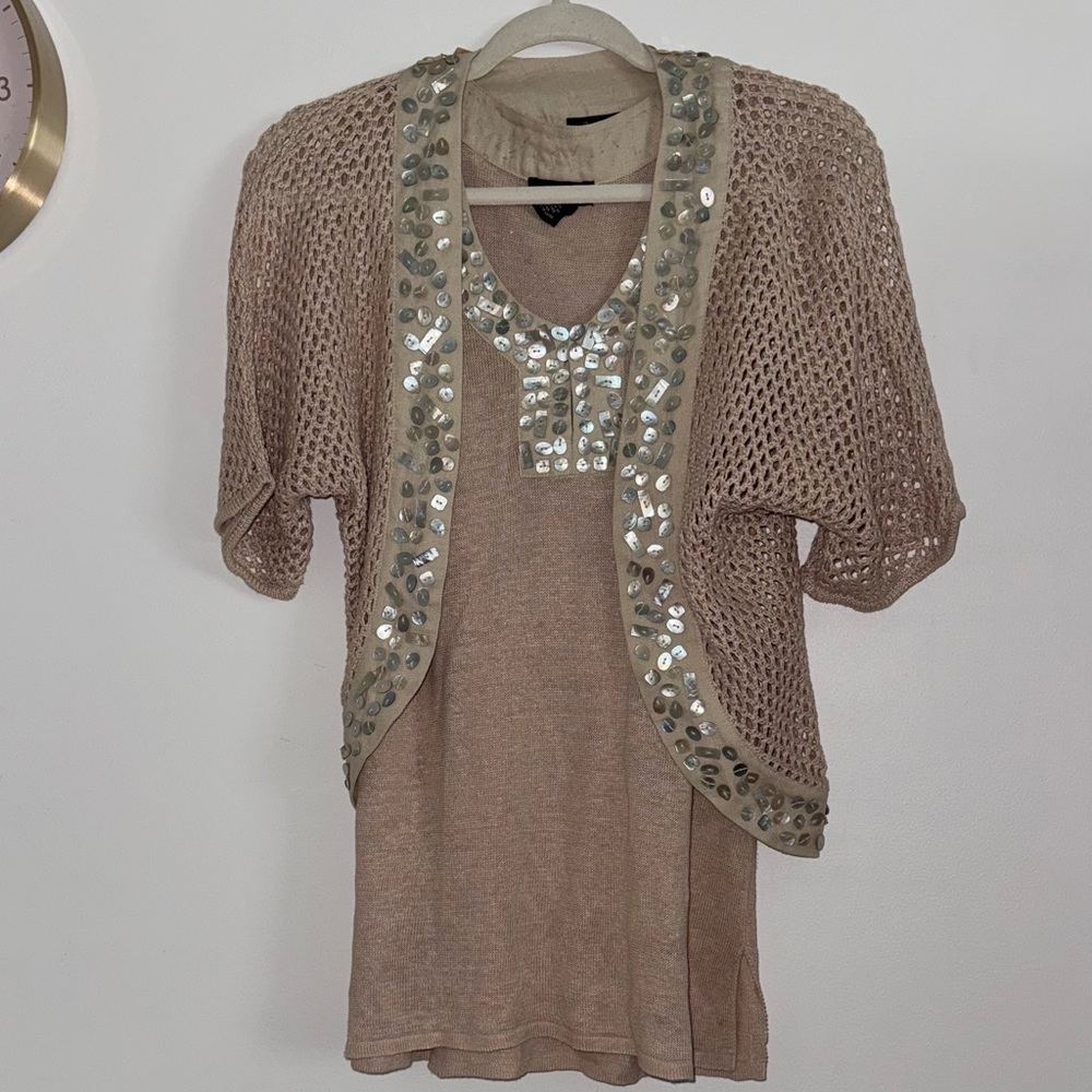 Peck & Peck Beige Linen Top with Sequin Accents